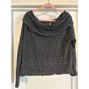 Free People Distressed Cowl Neck Animal Leopard Print Black Sweatshirt Medium